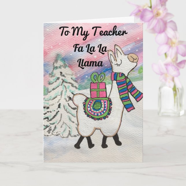 Fa La La Llama To My Teacher Cute Christmas Card (Orchid)