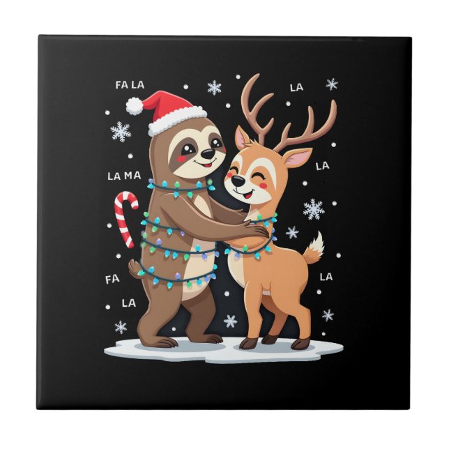 Fa La La Llama Xmas Lights Sloth Riding Llama Chri Ceramic Tile (Front)