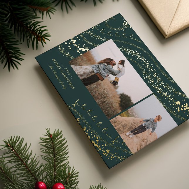 Fa La La Magical Gold Christmas Carol Two Photo Foil Holiday Card (Fa La La Magical Gold Christmas Carol Two Photo Foil Holiday Card)