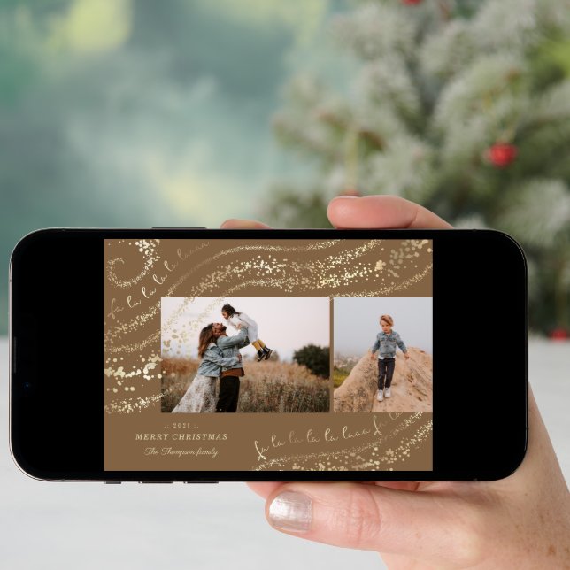 Fa La La Magical Gold Christmas Carol Two Photo Holiday Card (Front Digital)