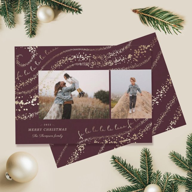 Fa La La Magical Gold Christmas Carol Two Photo Holiday Card (Creator Uploaded)