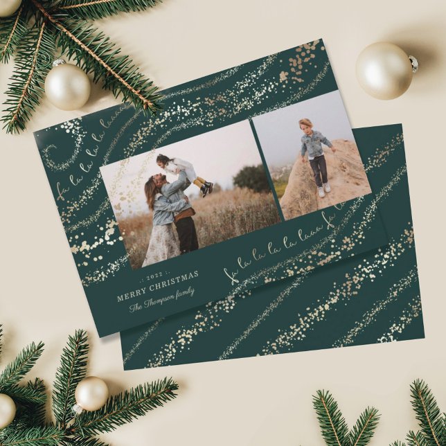 Fa La La Magical Gold Christmas Carol Two Photo Holiday Card (Creator Uploaded)