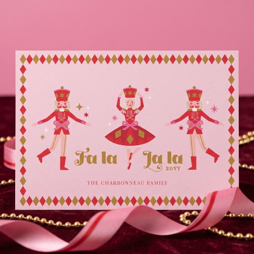 Fa La La Nutcracker Pink Christmas Family Photo Holiday Card