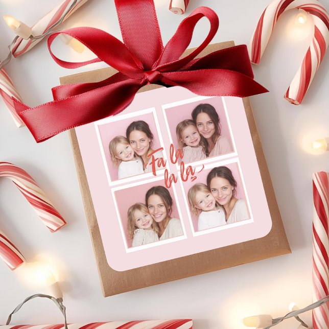 Fa La La Pink Christmas Photo Collage  Square Sticker (Creator Uploaded)