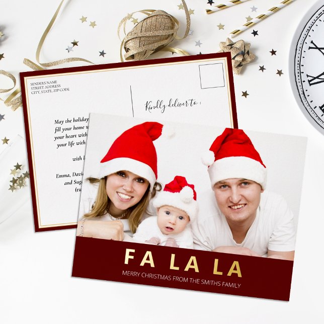 Fa La La Red Gold Modern Christmas Photo Foil Holiday Postcard (Creator Uploaded)