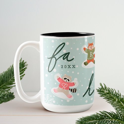 Fa La La Snow Angel Woodland Animals Fun Winter Two_Tone Coffee Mug