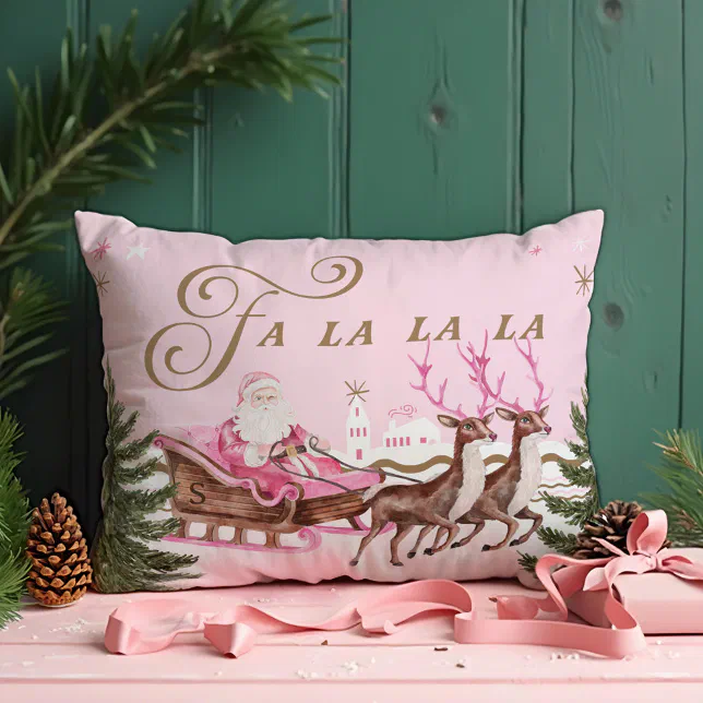 Fa La Merry Pink Christmas Santa Seligh Reindeer Accent Pillow
