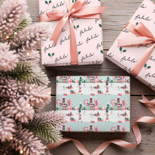 Fa La North Pole Elf Workshop Santa Pink Village Wrapping Paper Sheets