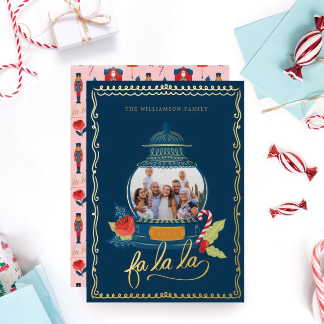 Fa La Nutcracker Christmas Family Photo Snow Globe Foil Holiday Card (Creator Uploaded)