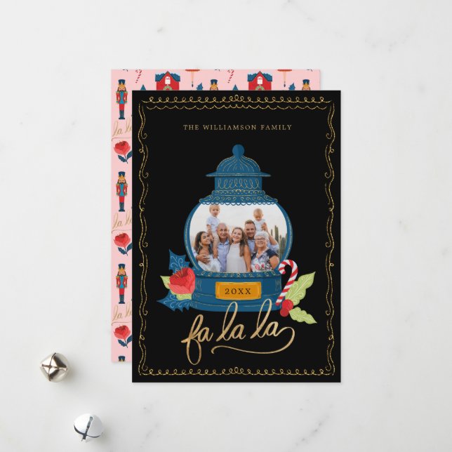 Fa La Nutcracker Christmas Family Photo Snow Globe Holiday Card (Front/Back In Situ)