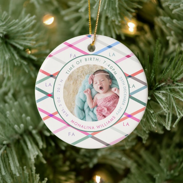 Fa La Pastel Pattern Birth Stats Baby Christmas  Ceramic Ornament (Tree)
