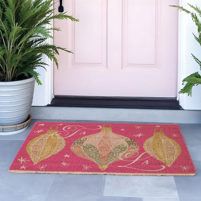 Fa La Pink Retro Christmas Ornaments And Stars Fiber Doormat (Fa La Pink Retro Christmas Ornaments And Stars Doormat)