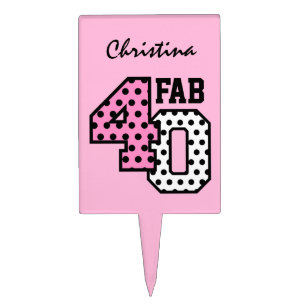FAB 40th Birthday PINK BLACK WHITE POLKA DOTS Cake Topper