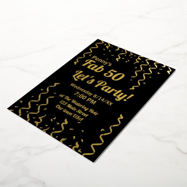 Fab 50 Black and Gold Ribbons Birthday Party Foil Invitation (Rotated)