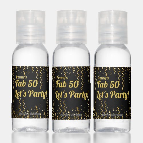 Fab 50 Black and Gold Ribbons Birthday Party   Hand Sanitizer