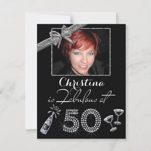 Fab At 50 Champagne  Diamonds Add Photo Birthday Invitation