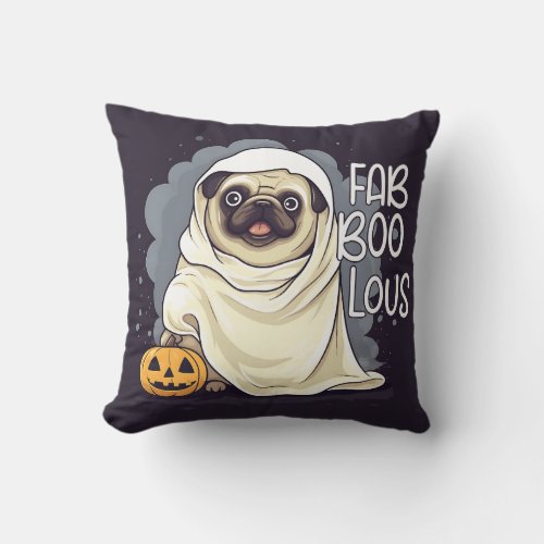 Fab Boo Lous Pug Ghost With Pumpkin Throw Pillow