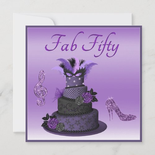 Fab Fifty Purple Diva Cake Sparkle High Heels Invitation