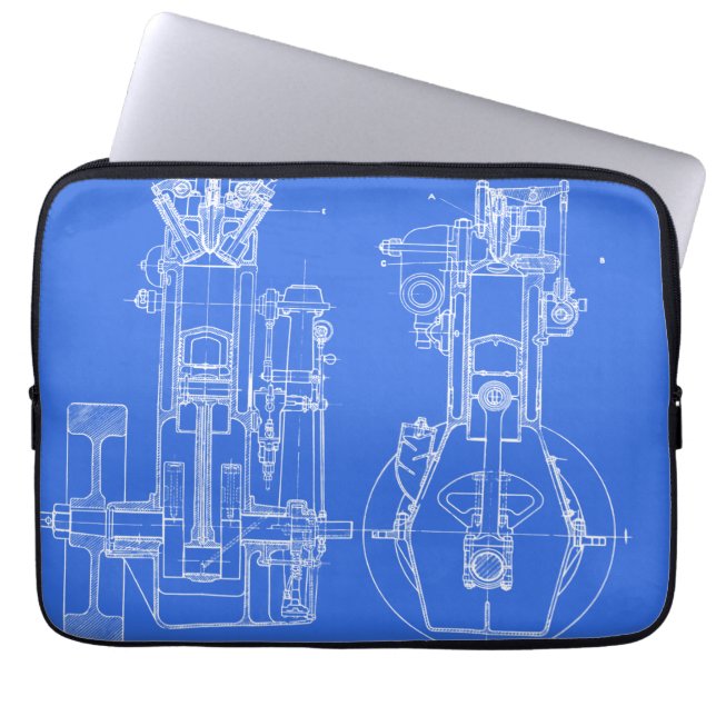 FAB MECHANICAL DRAWING BLUEPRINT BLUE  WHITE LAPTOP SLEEVE (Front)