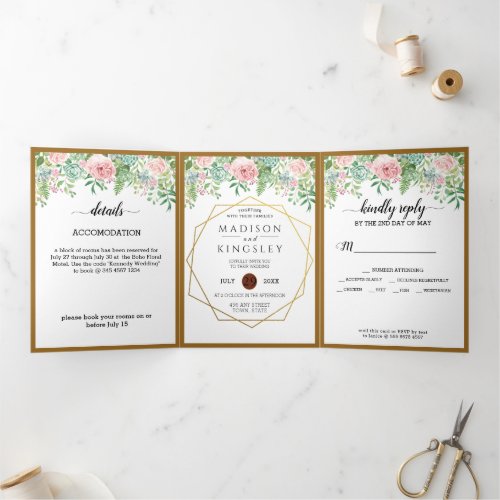 Fab Pink Floral Botanical Wedding  Tri_Fold Invitation