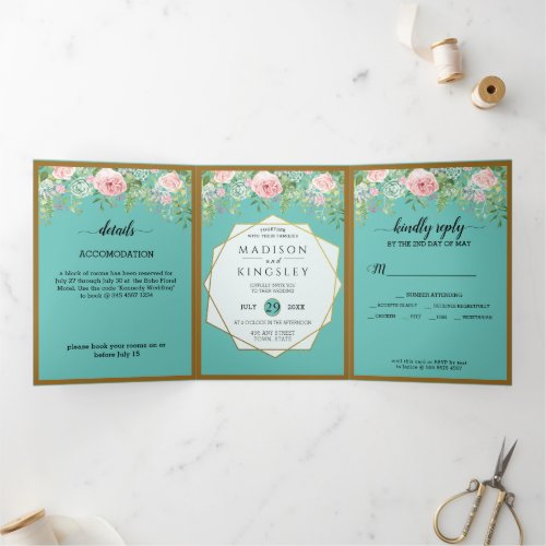 Fab Pink Floral Teal Wedding  Tri_Fold Invitation