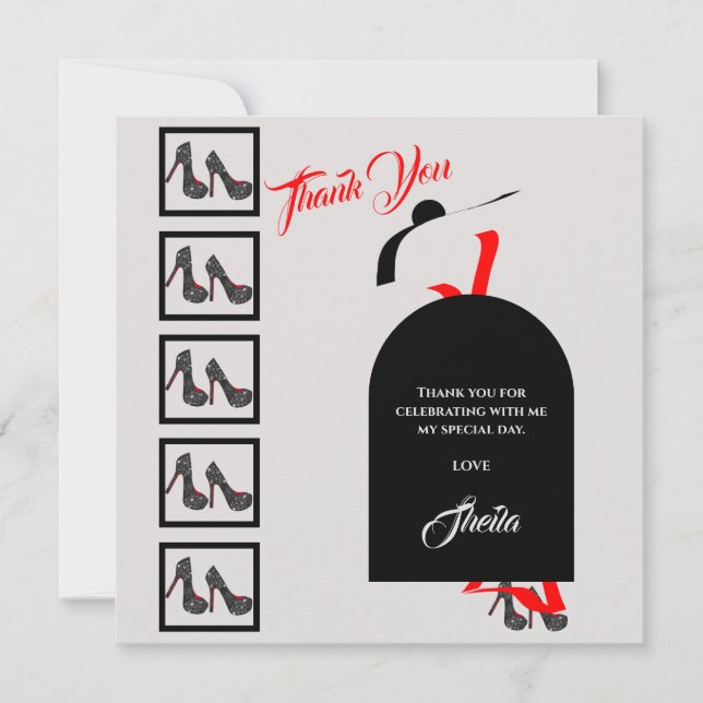 Fab Silhouette Glam Shoes Black Birthday Photo Thank You Card (Front)