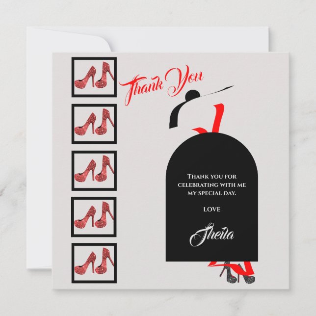 Fab Silhouette Glam Shoes Red Black Birthday Photo Thank You Card (Front)