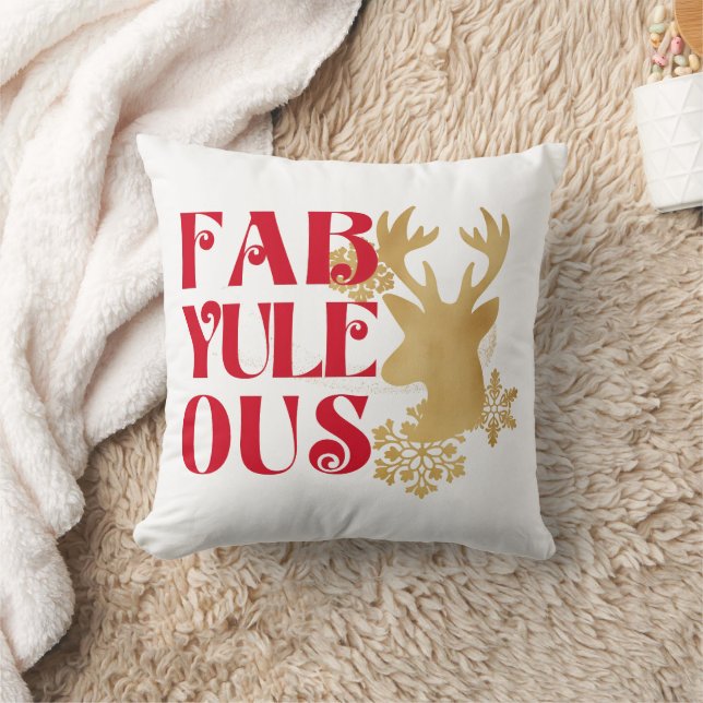 Fab-Yule-Ous Christmas Reindeer Red & Gold Throw Pillow (Blanket)