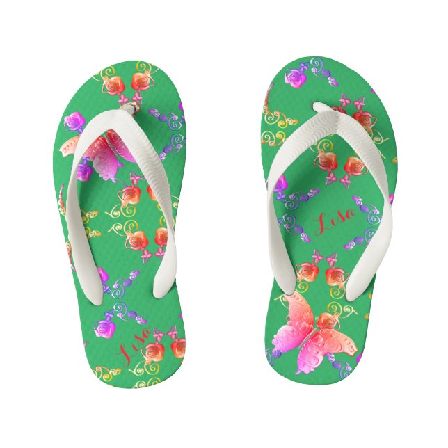 Faberge-inspired PinkRoses and Butterflies on Teal Kid's Flip Flops (Footbed)