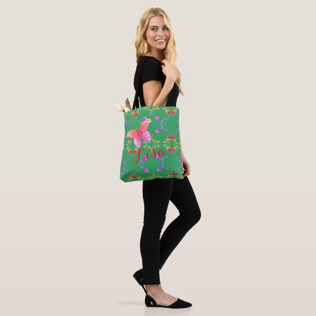 Faberge-inspired PinkRoses and Butterflies on Teal Tote Bag (On Model)