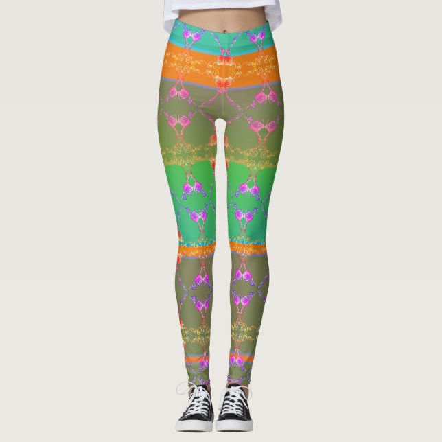 Faberge Inspired Rose Floral Folk Revival Leggings (Front)