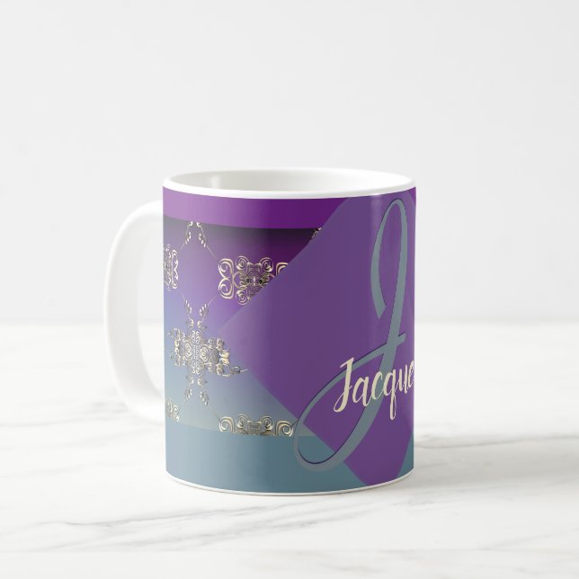 Fabergè-like Monogram Purple Blue Gradient Coffee Mug (Front Left)