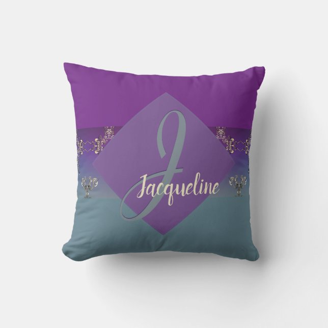 Fabergè-like Monogram Purple Blue Gradient   Throw Pillow (Front)