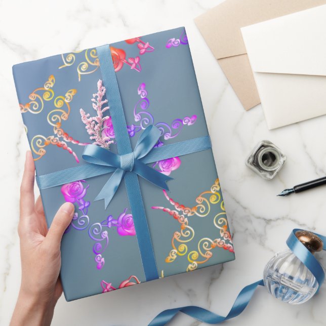 Faberge Rose Hearts on Pale Blue Moss Wrapping Pap Paper (Gifting)