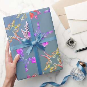 Faberge Rose Hearts on Pale Blue Moss Wrapping Pap Wrapping Paper