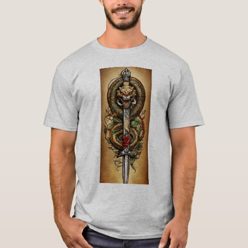 Fabric and Accessories Snake coiled around dagger T_Shirt