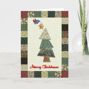 Fabric Christmas Tree and Bird Holiday Card