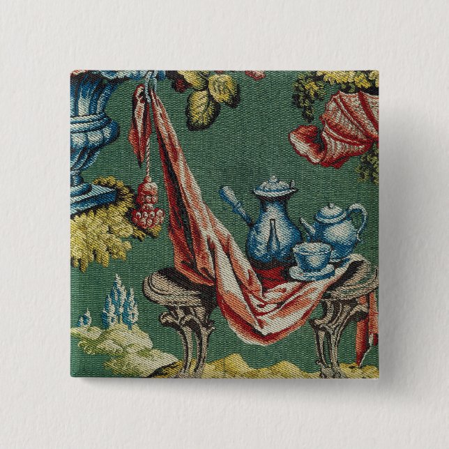 Fabric depicting a chocolate pot and a teapot button (Front)