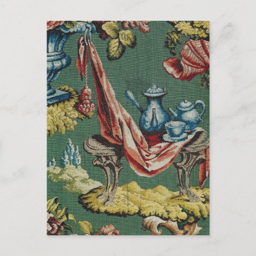Fabric depicting a chocolate pot and a teapot postcard