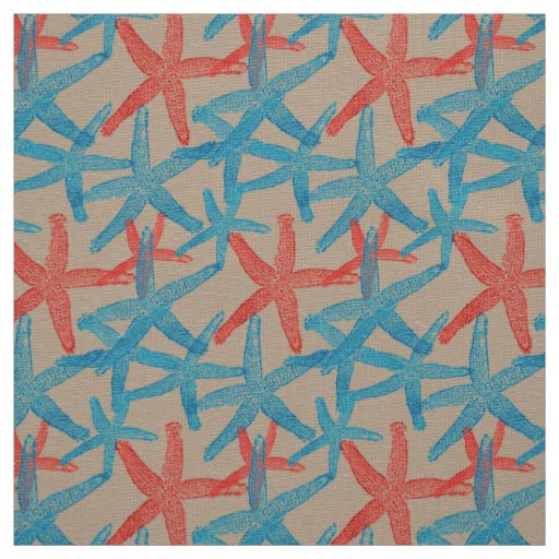 fabric Nautical starfish beach blue red  taupe