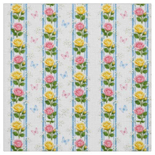 Fabric Pink & Yellow Roses Floral Blue Stripe