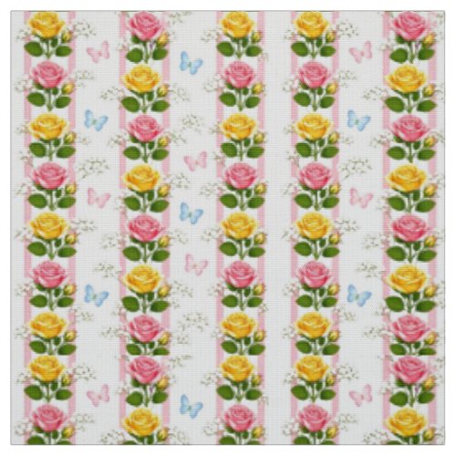 Fabric Pink & Yellow Roses Floral Pink Stripe
