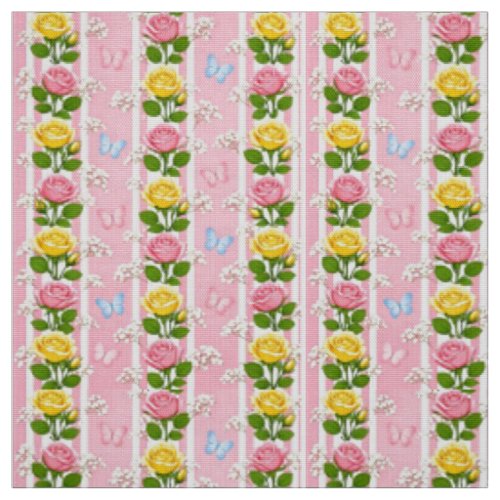 Fabric Pink & Yellow Roses Floral Stripe