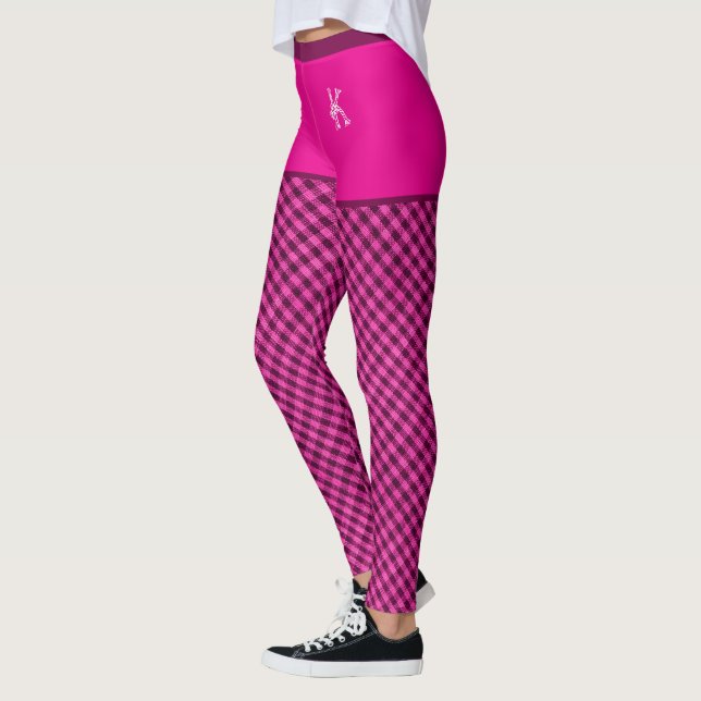 Fabric Print Checkered Pink Initial Personalized Leggings (Left)