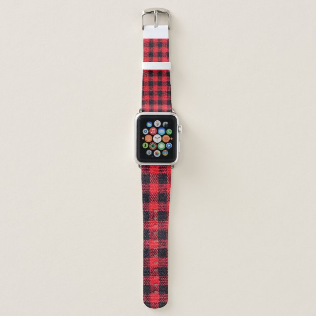 Fabric texture with grid pattern, red squares and  apple watch band (Front)