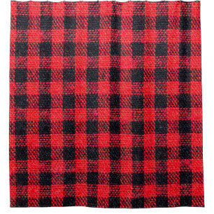 Fabric texture with grid pattern, red squares and shower curtain