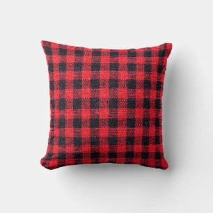 Fabric texture with grid pattern, red squares and throw pillow