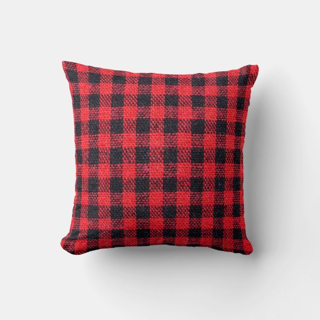 Fabric texture with grid pattern, red squares and  throw pillow (Front)