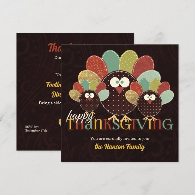 Fabric Turkey Family Gathering Thanksgiving Invitation (Front/Back)