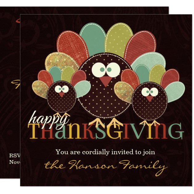Fabric Turkey Family Thanksgiving Gathering Card